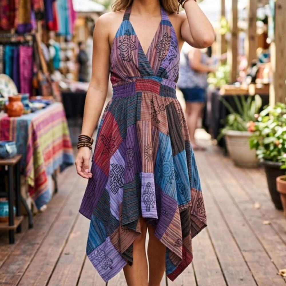 My choice Y2K Hippie patchwork handkerchief hem halter dress fairy burning man